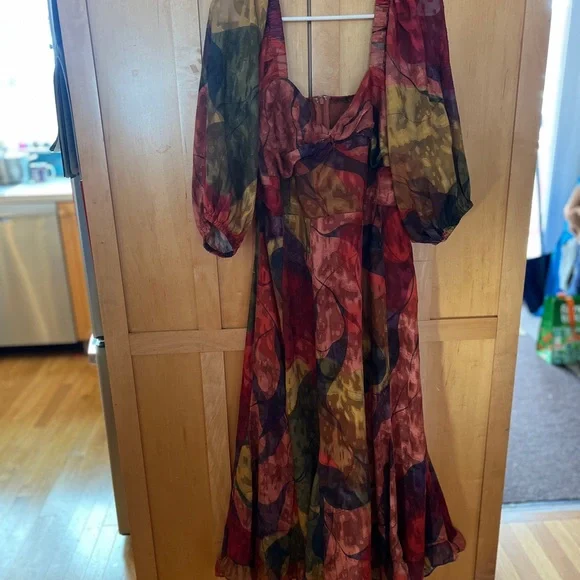 Anthropologie Hutch Printed Twist-Front Ruffle-Hem Puff-Sleeve Midi Dress - Picture 3 of 3